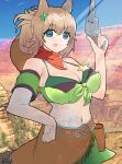  1girl :p absurdres animal_ears bandana bandeau bangs bare_shoulders belt bikini bikini_under_clothes blue_eyes breasts brown_belt brown_hair cleavage commentary cowboy_shot detached_sleeves eyebrows_visible_through_hair front-tie_bikini front-tie_top green_skirt gun hair_ornament hand_on_hip hand_up highres hinokey_(hinokey0126) holding holding_gun holding_weapon holster horse_ears large_breasts looking_at_viewer midriff miniskirt navel outdoors revolver short_sleeves skirt skirt_set solo standing star_(symbol) star_hair_ornament stomach strapless swimsuit taiki_shuttle_(umamusume) tongue tongue_out tube_top umamusume weapon 