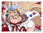  1girl animal_ears blonde_hair bow breasts cleavage extra_ears fang fate/grand_order fate_(series) fox_ears fox_tail fur_trim hacco_mayu headdress highres koyanskaya_(fate) large_breasts leaning_forward long_hair multiple_tails tail tamamo_(fate) yellow_eyes 