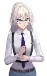  1girl absurdres an-94_(girls&#039;_frontline) aqua_eyes bangs belt blonde_hair blue_necktie blue_pants breasts constantine-xii defy_(girls&#039;_frontline) eyebrows_visible_through_hair girls&#039;_frontline glasses hair_between_eyes highres holding_necktie long_hair looking_at_viewer necktie open_mouth pants shirt small_breasts solo standing suspenders teeth white_background white_shirt 