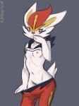 anthro breasts cinderace clothed clothing covering covering_mouth female grey_background hi_res looking_at_viewer nintendo pok&eacute;mon pok&eacute;mon_(species) raised_clothing raised_shirt raised_topwear sealer4258 shirt simple_background sketch small_breasts solo topwear undressing video_games 