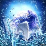  1girl blue_background blue_hair blue_theme character_request constellation copyright_name dairoku_ryouhei feathered_wings frilled_skirt frills head_fins logo long_hair mermaid monster_girl official_art purple_eyes skirt solo u3_(pixiv832164) water white_skirt white_wings wings 