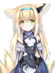  1girl animal_ear_fluff animal_ears arknights bangs bare_shoulders black_gloves blonde_hair blue_hairband blush breasts cloak closed_mouth commentary_request covered_collarbone eyebrows_visible_through_hair fox_ears fox_girl fox_tail gloves green_eyes hair_between_eyes hairband highres kitsune langley1000 long_hair looking_at_viewer purple_shirt purple_skirt revision shirt simple_background skirt sleeveless sleeveless_shirt small_breasts smile solo suzuran_(arknights) tail very_long_hair white_background white_cloak white_shirt 