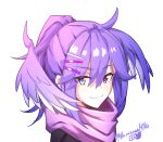  1girl black_sweater blue_eyes eyebrows_visible_through_hair fang fang_out from_side hair_behind_ear hair_ornament hairclip head_wings heterochromia highres karasawa_miko looking_at_viewer nijisanji nijisanji_en ponytail portrait purple_eyes purple_scarf scarf selen_tatsuki skin_fang smile solo sweater twitter_username virtual_youtuber white_background 