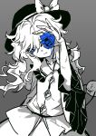  1girl blouse blue_eyes blue_flower blue_rose bow buttons closed_mouth commentary diamond_button flower frilled_shirt_collar frilled_sleeves frills grey_background greyscale hand_up hat hat_bow head_tilt holding holding_flower komeiji_koishi long_hair long_sleeves monochrome one_eye_covered rose scratches seeker simple_background skirt solo spot_color third_eye touhou tsurime upper_body wavy_hair wavy_mouth wide_sleeves 