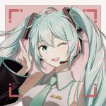  1girl ;d black_sleeves blue_eyes blue_hair blue_necktie breasts collared_shirt deepseaeidolon detached_sleeves frilled_shirt frills grey_shirt hair_ornament hatsune_miku headphones headset long_hair long_sleeves looking_at_viewer medium_breasts microphone necktie one_eye_closed open_mouth shiny shiny_hair shirt smile solo twintails twitter_username upper_body v very_long_hair vocaloid wing_collar 