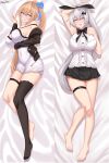  2girls absurdres bare_shoulders barefoot beckoning blue_eyes blush breasts commission dakimakura_(medium) fal_(girls&#039;_frontline) five-seven_(girls&#039;_frontline) girls&#039;_frontline high_ponytail highres huge_breasts light_brown_hair long_hair lying makudesu multiple_girls neck_ribbon on_back pleated_skirt ribbon shirt silver_hair single_thighhigh skindentation skirt sleeveless sleeveless_shirt smile thigh_strap thighhighs toes very_long_hair yellow_eyes 