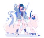  1girl absol altaria bandaid bandaid_on_leg bangs bird black_legwear black_shirt blue_hair blue_jacket blue_theme bumgae commentary_request crossover full_body grin hair_ornament highres holding holding_poke_ball jacket korean_commentary long_sleeves one_eye_closed pachirisu poke_ball pokemon pokemon_(creature) project_sekai shiraishi_an shirt shorts simple_background smile socks sparkle squirrel standing star_(symbol) star_hair_ornament v white_background white_shorts yellow_eyes 