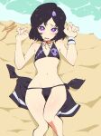  1boy absurdres aetherion beach bikini black_bikini black_hair bulge choker feet_out_of_frame from_above groin hair_ornament hairclip highres looking_at_viewer lying medium_hair navel on_back otoko_no_ko purple_eyes ribbon_choker skull_hair_ornament skull_print solo steins;gate swimsuit urushibara_ruka wide_hips 