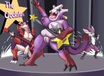  anthro belly big_breasts big_penis breast_squish breasts cinderace electric_guitar exploud female fours_(artist) genitals group guitar hi_res huge_breasts male microphone musical_instrument nintendo nude obstagoon open_mouth penis plucked_string_instrument pok&eacute;mon pok&eacute;mon_(species) pussy singing slightly_chubby squish string_instrument tongue tongue_out video_games 