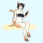  anthro big_breasts breasts cleavage clothed clothing crossed_legs domestic_cat felid feline felis female footwear fours_(artist) gris_swimsuit hi_res holding_object holding_phone looking_at_viewer mammal meme meme_clothing one-piece_swimsuit open_mouth open_smile phone sandals simple_background sitting smile solo swimwear translucent translucent_clothing translucent_swimwear under_boob 