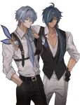  2boys arm_on_shoulder blue_hair dress_shirt eula_(genshin_impact) eyepatch formal genderswap genderswap_(ftm) genshin_impact gloves ha_ze hair_over_one_eye hand_in_pocket highres kaeya_(genshin_impact) long_hair multiple_boys necktie shirt 