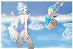  2girls artist_name ass blue_eyes blue_hair breasts building castle cirno flat_chest fog glacier grey_hair hair_blowing highres ice_shard large_breasts letty_whiterock multiple_girls number_print ocean one-piece_swimsuit smile swimsuit touhou towel user_rzmd5258 