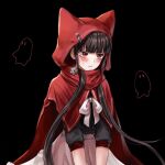  1girl bangs black_background black_hair black_shirt blush bow bowtie cape center_frills closed_mouth cosplay cowboy_shot danganronpa_(series) danganronpa_v3:_killing_harmony flower frills grey_bow grey_bowtie hair_ornament hairclip hood hood_up hooded_cape little_red_riding_hood_(grimm) little_red_riding_hood_(grimm)_(cosplay) long_hair mole mole_under_eye porary red_cape shirt shirt_tucked_in simple_background solo sweatdrop very_long_hair 