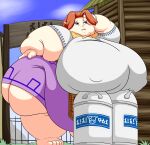  absurd_res barefoot belly big_belly big_breasts big_butt blue_eyes bodily_fluids breasts butt clothed clothing exhausted feet female fence grandpaced hair hand_on_hip hi_res huge_breasts humanoid humanoid_pointy_ears hylian hyper hyper_breasts jug looking_up low-angle_view malon morbidly_obese morbidly_obese_female nintendo nipple_outline not_furry obese obese_female ocarina_of_time open_mouth overweight overweight_female ranch red_hair scarf sign solo sweat the_legend_of_zelda thick_thighs video_games wide_hips wiping_sweat 