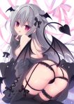  1girl ass bangs black_jacket black_legwear black_panties black_wings bow breasts brown_wings chestnut_mouth commentary_request demon_girl demon_tail demon_wings eyebrows_visible_through_hair fang feet_out_of_frame finger_to_mouth frilled_panties frills grey_hair hair_between_eyes hair_censor hair_over_breasts hand_up hasune highres jacket long_hair medium_breasts off_shoulder open_mouth original panties polka_dot red_bow red_eyes revision sleeves_past_fingers sleeves_past_wrists solo stuffed_animal stuffed_cat stuffed_toy tail thighhighs transparent_wings two_side_up underwear very_long_hair wings 