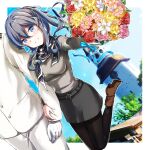  1boy 1girl absurdres admiral_(kancolle) alternate_costume analog_clock arm_hug black_legwear blue_eyes blue_hair bouquet brown_footwear clock clock_tower dutch_angle gotland_(kancolle) grey_skirt grey_sweater head_out_of_frame highres kantai_collection long_hair looking_at_viewer mole mole_under_eye pantyhose parted_lips ponytail skirt smile solo_focus standing standing_on_one_leg sweater tower watarino 