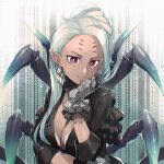  1girl arachne_(housamo) arthropod_girl arthropod_limbs asymmetrical_hair black_suit breasts cleavage dark-skinned_female dark_skin earrings extra_eyes filtered frills gloves hand_on_own_face highres jewelry jinnai10 long_hair looking_at_viewer pink_eyes pointy_ears ponytail smile solo spider_girl tokyo_afterschool_summoners 