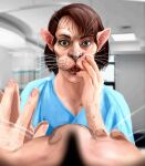  anthro body_modification domestic_cat felid feline felis female first_person_view hairless hairless_cat humanoid looking_at_mirror looking_at_object mammal mirror shocked_expression solo sphynx_(cat) surgical_gown surgical_operation touching_face transformation usedusername 