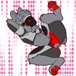  2d_(artwork) anthro anus blizztheproto digital_media_(artwork) digitigrade erection fur genitals grey_body grey_fur hand_behind_head hi_res knot lying machine male mammal nude paws penis presenting presenting_anus protogen red_penis solo spread_legs spreading 