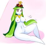  anthro breasts cactuscacti english_text female lilligant looking_at_viewer nintendo nipples nude pok&eacute;mon pok&eacute;mon_(species) simple_background sitting solo solo_focus tapping text video_games 