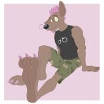  2018 anthro big_feet black_clothing black_nose black_shirt black_tank_top black_topwear bottomwear brown_body brown_fur camo camo_bottomwear camo_clothing camo_print camo_shorts claws clothed clothing colored_nails facial_hair facial_piercing feet foot_focus fully_clothed fur gunnar hair hi_res kangaroo looking_at_viewer macropod male mammal marsupial mospy_(artist) nails nose_piercing pattern_bottomwear pattern_clothing pattern_shorts piercing purple_hair purple_nails shirt shorts sitting smile solo soul_patch tank_top toe_claws topwear torn_clothing torn_shirt torn_topwear yellow_sclera 