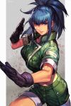  1girl bangs black_gloves blue_eyes blue_hair earrings fighting_stance gloves green_jacket green_shorts grey_background hungry_clicker jacket jewelry leona_heidern looking_at_viewer ponytail shiny shiny_hair short_sleeves shorts sidelocks simple_background solo the_king_of_fighters the_king_of_fighters_xv triangle_earrings 