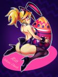  animal_ears ass back boots breasts easter eyebrows_visible_through_hair fishnet_legwear fishnets from_behind heart high_heels highres kneeling large_breasts looking_at_viewer looking_back multicolored_hair muse_dash open_mouth orange_hair pink_hair playboy_bunny ponytail purple_eye rabbit_ears rabbit_tail rin_(muse_dash) short_hair sideboob sirlagalot sitting spread_legs streaked_hair tail thigh_boots thighhighs thighs 