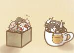  2girls august_von_parseval_(azur_lane) azur_lane basket black_hair box chibi cup curled_horns goggles goggles_on_headwear grey_hair hair_between_eyes hair_over_one_eye holding holding_basket horns in_box in_container in_cup koti maid_headdress mechanical_horns multicolored_hair multiple_girls prinz_adalbert_(azur_lane) red_eyes red_hair simple_background streaked_hair tearing_up twintails two-tone_hair yellow_background 