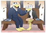  2019 anthro avian ayden_(brogulls) bailey_(brogulls) barefoot beak big_biceps bird brogulls brother brothers chatting clothed clothing crossed_legs duo eyebrows falling_leaves feathers feet gull happy hat headgear headwear hi_res lari larid looking_at_another looking_at_partner male membrane_(anatomy) mospy_(artist) muscular muscular_anthro muscular_male navy_uniform outside sailor_hat sibling sitting sitting_on_bench smile thick_eyebrows webbed_feet white_body white_feathers yellow_beak 