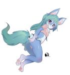  1girl animal_ear_fluff animal_ears animal_hands ass barefoot black_skirt blue_eyes blue_hair breasts censored costom10 feet fox_ears fox_girl fox_tail from_behind full_body furry furry_female grey_shirt legs long_hair looking_at_viewer looking_back microskirt midriff mosaic_censoring no_panties original pussy shirt simple_background skirt small_breasts smile soles solo tail thighs toes white_background 