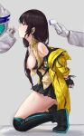  1girl absurdres bare_shoulders black_hair black_skirt blush brown_sweater_vest commission eyebrows_visible_through_hair from_side full_body girls&#039;_frontline highres jacket kneeling long_hair mod3_(girls&#039;_frontline) multicolored_hair open_mouth restrained ro635_(girls&#039;_frontline) sawkm second-party_source simple_background skirt solo_focus sweater_vest torn_clothes yellow_eyes yellow_jacket 