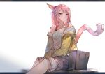  1girl animal_ears bangs bare_shoulders blush cat_ears cat_girl cat_tail closed_mouth commentary_request feet_out_of_frame final_fantasy final_fantasy_xiv highres jacket letterboxed miqo&#039;te off_shoulder open_clothes open_jacket pink_hair purple_eyes shorts sitting solo strap_slip tail tank_top tota_(sizukurubiks) white_background white_shorts white_tank_top yellow_jacket 