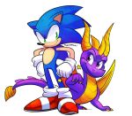  2018 activision anthro blue_body blue_fur claws clothing crossover dragon drawloverlala duo eulipotyphlan feral footwear fur gloves green_eyes handwear hedgehog horn male mammal membrane_(anatomy) multicolored_body multicolored_scales purple_body purple_eyes purple_scales scales scalie sega shoes simple_background smile sonic_the_hedgehog sonic_the_hedgehog_(series) spyro spyro_the_dragon two_tone_body two_tone_scales video_games western_dragon wings 
