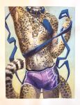  3:4 anthro bottomwear bulge cheetah clothed clothing collar felid feline fur genital_outline gym_bottomwear gym_clothing gym_shorts hi_res leash luikatje male mammal painting_(artwork) penis_outline shorts solo topless traditional_media_(artwork) watercolor_(artwork) 