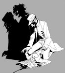  2boys birthmark blood blood_splatter different_shadow dio_brando giorno_giovanna greyscale hat joestar_birthmark jojo_no_kimyou_na_bouken kneeling kujo_jotaro long_coat male_focus monochrome multiple_boys sempon_(doppio_note) shaded_face shadow silhouette straddling vento_aureo 