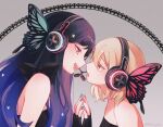  2girls azusawa_kohane bangs bare_shoulders black_bow black_dress black_hair blonde_hair blue_hair blue_nails bow bumgae butterfly_hair_ornament butterfly_wings commentary_request dress fingerless_gloves gloves gradient_hair grey_background hair_ornament headphones headset highres korean_commentary looking_at_another magnet_(vocaloid) microphone multicolored_hair multiple_girls open_mouth pink_nails project_sekai shiraishi_an short_twintails sidelocks sleeveless sleeveless_dress twintails upper_body wings yellow_eyes yuri 