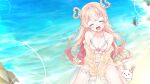  1girl :d arm_support bangs beach between_legs bikini blonde_hair blush braid breasts bunny caron_(straycat910) cleavage closed_eyes collarbone day flower frilled_bikini frills hair_flower hair_ornament halterneck hand_between_legs happy leg_garter long_hair long_sleeves medium_breasts navel ocean off_shoulder open_mouth original sand sitting smile solo swimsuit very_long_hair wariza white_bikini 