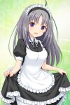  1girl absurdres ahoge alternative_girls apron black_dress clothes_lift dress eyebrows_visible_through_hair green_background highres kira_sayuri long_hair looking_at_viewer maid maid_headdress official_art open_mouth purple_eyes silver_hair skirt_hold smile solo white_apron 