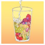  0tiyo commentary_request cup drink drinking_glass food food_focus fruit gem gradient gradient_background grapes kiwi_slice lemon lemon_slice ligne_claire no_humans orange_background original pouring strawberry 