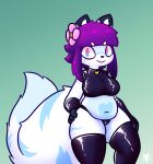 &lt;3 accessory anthro big_breasts black_body black_fur blue_body blue_eyes blue_fur breasts canid canine clothing curvy_figure female flower flower_in_hair foamytail fox fur gloves hair hair_accessory hand_on_hip handwear heart_necklace heart_on_belly huge_tail huge_thighs latex legwear looking_at_viewer mammal multicolored_eyes navel panties pink_eyes plant purple_hair rubber slightly_chubby solo thick_thighs thigh_highs topwear underwear voluptuous white_body white_fur wide_hips 