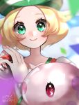  1girl absurdres bianca_(pokemon) blonde_hair blurry blurry_background green_eyes green_headwear hat highres holding holding_poke_ball kurumiya_(krmy_p) looking_at_viewer munna poke_ball pokemon pokemon_(creature) pokemon_(game) pokemon_bw red_eyes short_hair smile upper_body 