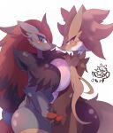  2girls absurdres animal_ear_fluff animal_ears black_hair blue_eyes blush breast_press breasts bright_pupils closed_mouth cowboy_shot dated delphox embarrassed eyeshadow fang fox_ears fox_tail furry furry_female hair_ornament highres holding_hands huge_breasts long_hair looking_at_viewer makeup multicolored_fur multicolored_hair multiple_girls navel pokemon red_eyes red_eyeshadow red_fur red_hair red_nose shiongaze signature simple_background skin_fang slit_pupils smile symbol-only_commentary symmetrical_docking tail thick_thighs thighs tsurime very_long_hair wavy_mouth white_background white_fur white_pupils yellow_fur zoroark 