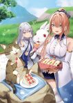  2girls bangs bare_shoulders blue_eyes bunny cat closed_eyes closed_mouth commentary_request crossed_bangs detached_sleeves eating hair_ornament hamu_(plot_sy) highres long_hair long_sleeves looking_at_another multiple_girls orange_hair original outdoors picnic red_eyes silver_hair sitting smile whiskers wide_sleeves 
