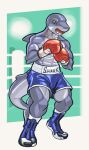  abs absurd_res anthro boots boxing boxing_gloves boxing_shorts brown_eyes clothing dcheese dorsal_fin fighting_ring fin fish footwear gills grey_body grey_skin handwear hi_res male marine mouthguard multicolored_body muscular muscular_male shark solo sport tail_fin two_tone_body 