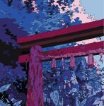  0tiyo blue_theme bush commentary_request ligne_claire no_humans original outdoors rock rope shimenawa torii 