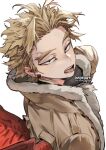  1boy blonde_hair boku_no_hero_academia costume earrings expressionless facial_hair facial_mark feathered_wings from_above fur-trimmed_jacket fur_trim gloves goatee hawks_(boku_no_hero_academia) jacket jewelry kadeart looking_at_viewer male_focus messy_hair open_mouth red_feathers red_wings shirt short_hair simple_background skin_tight solo stubble stud_earrings tight tight_shirt tongue tongue_out twitter_username white_background wings yellow_eyes 