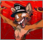  2020 anthro black_clothing brown_body brown_fur bust_portrait canid canine canis chest_tuft clothed clothing cynocephaly domestic_dog fur furrowed_brow german_shepherd hat headgear headwear herding_dog hybrid inner_ear_fluff jackal jackal_queenston lapfox_trax male mammal multicolored_body multicolored_fur nipples pastoral_dog portrait red_background red_eyes shirtless simple_background smile solo teeth tuft two_tone_body two_tone_fur 