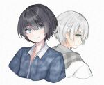  2boys back-to-back black_hair blue_eyes collared_shirt coretto_coto looking_at_another looking_back mashiro_haruka multiple_boys pale_skin scarf seventh_happiness shirt smile toworu_kusunoki virtual_youtuber white_hair 