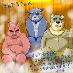  2022 anthro belly blue_body canid canine canis ch_ia_ki facial_hair group hi_res japanese_text kemono male mammal mature_male moobs mustache navel nipples overweight overweight_male pink_body sauna sitting suid suina sus_(pig) text towel ursid wild_boar wolf 