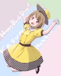  1girl bangs birthday black_footwear blush character_name commentary_request dress english_text eyebrows_visible_through_hair happy_birthday hat highres light_brown_hair looking_at_viewer love_live! love_live!_nijigasaki_high_school_idol_club maruyo nakasu_kasumi poppin&#039;_up_(love_live!) red_eyes short_hair sidelocks smile solo yellow_dress 